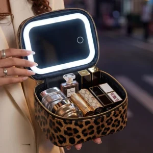 Travel PU Leather Makeup Bag with LED Mirror | Waterproof Cosmetic Organizer